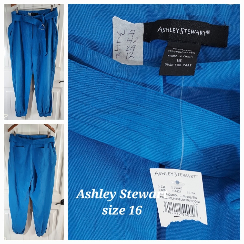 Ashley Stewart Size 16 Blue Paperbag Waist Tapered Pants Belted Plus Size